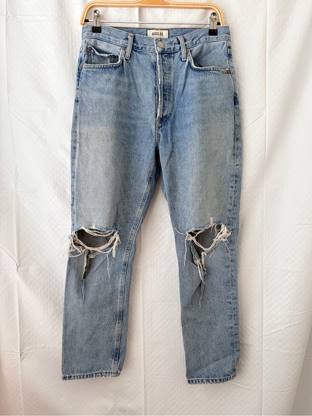 Agolde Light Blue distressed Denim Jeans with Tan Stitching